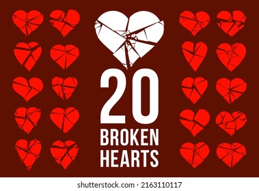 Hearts broken to pieces like a glass vector logos or icons set, broken heart concept, breakup or divorce, heartbreak regret, separated couple, tragic love.