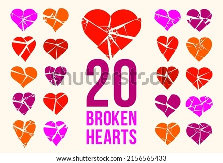 Hearts broken to pieces like a glass vector logos or icons set, broken heart concept, breakup or divorce, heartbreak regret, separated couple, tragic love.