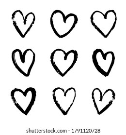 Hearts brush strokes. Vector paint brush set, brush strokes templates. Grunge design elements. Long text boxes. Dirty distress texture banners. Grunge painted objects. Ink splatters. Painted objects.