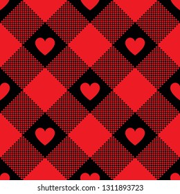 Hearts buffalo check plaid pattern. Seamless tile. Pixel texture. Valentine's Day gingham / vichy pattern design for backgrounds, textile, wrapping, packaging, digital paper, scrapbooking, crafts.