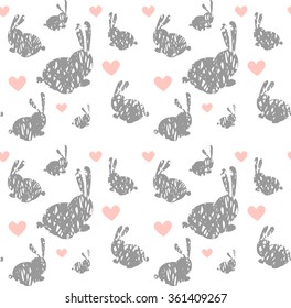 Hearts and bunnies hand-drawn vector seamless pattern. background for design and decoration textile, covers, package, wrapping paper.