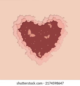Hearts with butterflies. Layered paper cut background. Paper cut out style Shadow box