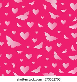 Hearts and butterfly seamless pattern  isolated on pink background. Design backdrop for Wedding and Birthday Invitation Card. Fabric and  wrapping design.