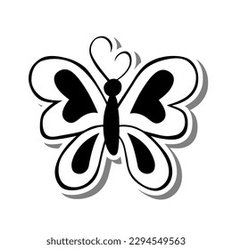 Hearts Butterfly spread wings. Line art elements on white silhouette and gray shadow, hand-drawn graphics. Isolated on white background, Vector illustration. 