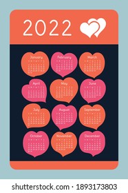 Corazones. Calendario 2022 año. Plantilla de diseño de bolsillo de vectores o de calandres de pared. La semana comienza el domingo. Boda y amor