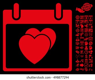 Hearts Calendar Day pictograph with bonus calendar and time management icon set. Vector illustration style is flat iconic symbols, red, black background.
