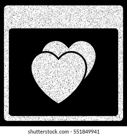 Hearts Calendar Page grainy textured icon for overlay watermark stamps. Flat symbol with unclean texture. Dotted vector white ink rubber seal stamp with grunge design on a black background.
