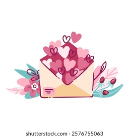 Hearts cartoon explosion flying out of open paper envelope. Funny pink and red hearts burst in love gift, message. Valentines day, romance mascot, cartoon cute surprise present vector illustration