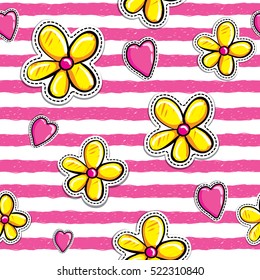 Hearts and cartoon flowers pattern on white and pink stripes background. Repeated backdrop for girls, fashion clothes, t shirt, child, paper.Girlish abstract seamless ornament.Creative original design