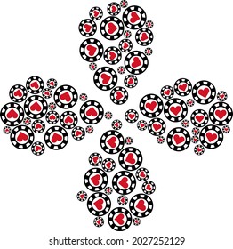 Hearts casino chip centrifugal abstract flower. Object cluster combined from oriented hearts casino chip items. Vector flower collage in flat style.