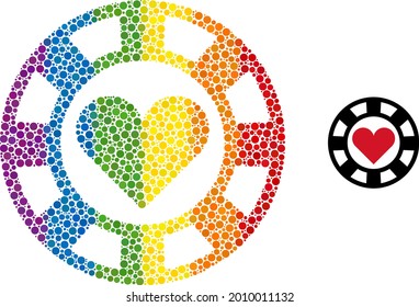 Hearts casino chip mosaic icon of circle elements in various sizes and spectrum colored color hues. A dotted LGBT-colored hearts casino chip for lesbians, gays, bisexuals, and transgenders.