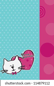 hearts cat winking eye on textured background with circles and different forms