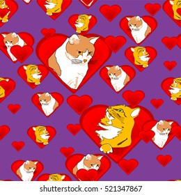 Hearts with Cats in Love Seamless Pattern, Vector Illustration