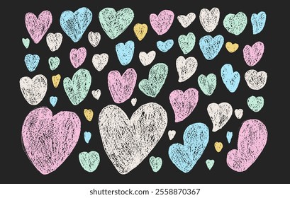 Hearts chalk set. Crayon romantic preppy pastel elements. Love signs grunge icons on blackboard. Textured vector charity or kind symbols shapes drawn by pencil illustration on black background.