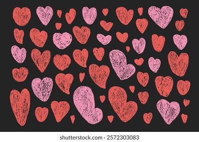 Hearts chalk set. Crayon romantic elements. Love signs grunge icons on blackboard. Textured vector charity or kind symbols shapes drawn by charcoal or graphite pencil illustration on black background.