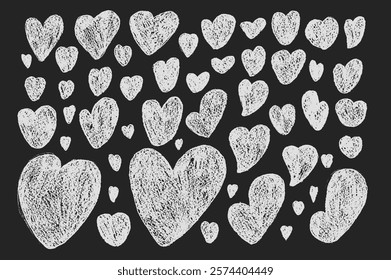 Hearts chalk set. Crayon romantic elements. Love signs grunge icons on blackboard. Textured vector charity or kind symbols shapes drawn by wax marker illustration isolated on black background.