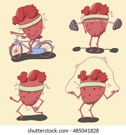 hearts character fitness set. Heart rides a bicycle, lifting weights, jumping rope and running