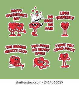 Hearts Characters in Cartoon Retro Style. Comic Vector Illustration. Cute Love Groovy Fun Stickers for Valentine's Day