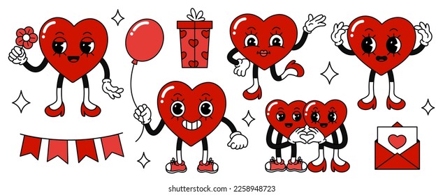 Hearts characters in retro cartoon style. Valentines day concept.  Flat vector illustrations on white background.