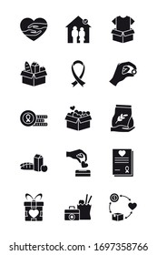 hearts and charity and donation icon set over white background, silhouette style, vector illustration