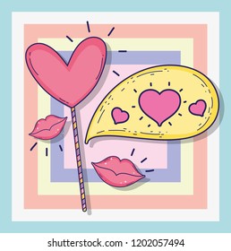 hearts and chat bubble with love message and mouths