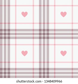 Hearts check plaid pattern vector in pink, purple, and white. Seamless tartan plaid for flannel shirt, scarf, poncho, blanket, bed sheet, or other textile. Weave pixel texture. Valentine's Day design.