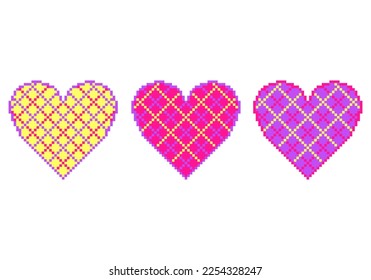 Hearts with checkered pattern and pixelated texture isolated on  white background. Pixel art style pink hearts for Valentines day, wedding card, game icon, Easter design and other. Vector illustration