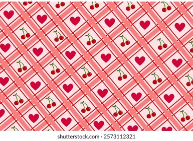 Hearts and cherries seamless pattern. For valentines day print, wrapping paper and fabric. vector