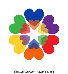 Hearts in circle, flower. Rainbow flag. Symbol of LGBT community, sexual minorities, gays and lesbians. Gay pride symbol. LGBT logo. Vector illustration.