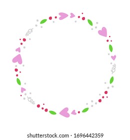 Hearts circle frame hand drawn vector template. Round border with flat multicolor elements. Floral wreath cartoon illustration with copy space. Greeting card, invitation, poster design element