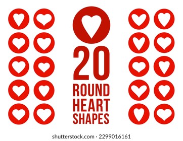 Hearts in circles icons or logos vector set, graphic design elements, different cartoon cute hearts collection.