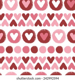 Hearts and circles seamless pattern. Valentine's Day background. Brush drawn -  rough, artistic edges.