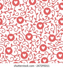 Hearts, circles and tendrils vector seamless pattern.
