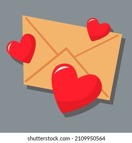 Hearts and a closed paper envelope. Day of love. valentine's day. A greeting card with a declaration of love. A flat vector image on a gray background.