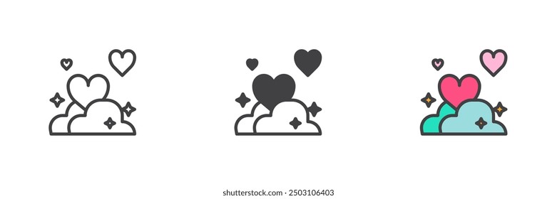 Corazones en nubes de diferentes estilos conjunto de iconos. Línea, glifo y contorno relleno versión colorida, contorno y signo de Vector relleno. Símbolo del amor y del día de San Valentín, ilustración del logotipo. Gráficos de Vector