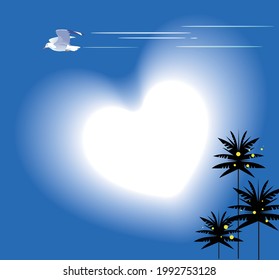 Hearts of clouds and seagulls and palm trees in the azure sky