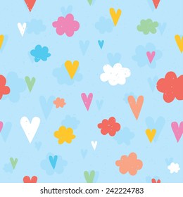 Hearts and clouds seamless vector pattern 