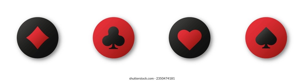 Hearts, clubs, diamonds and spades chips on an isolated white background. Set collection gambling sign symbol of playing card suits and chips for poker and casino.