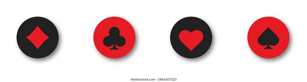 Hearts, clubs, diamonds and spades chips on an isolated white background. Set collection gambling sign symbol of playing card suits and chips for poker and casino.