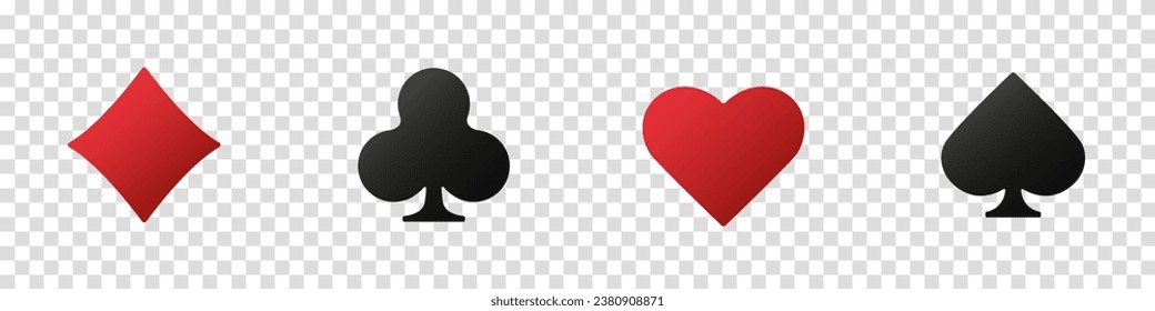Hearts, clubs, diamonds and spades on an isolated transparent background. Set collection gambling sign symbol of playing card suits and chips for poker and casino.