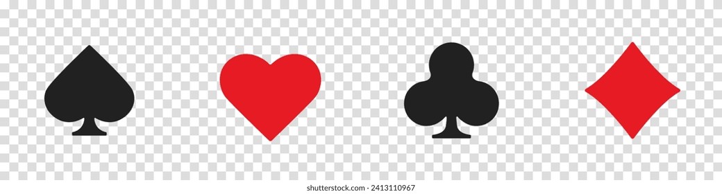 Corazones, clubes, diamantes y espadas sobre un fondo transparente y aislado. Establece el símbolo del signo del juego de la colección de juegos de cartas y fichas para el póquer y el casino.