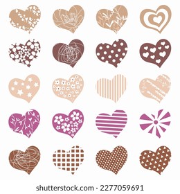 Hearts collection. Different hearts on a white background. Symbols of love. Flat heart vector silhouettes. Hearts set.
Vector illustration. 20 Hearts. 