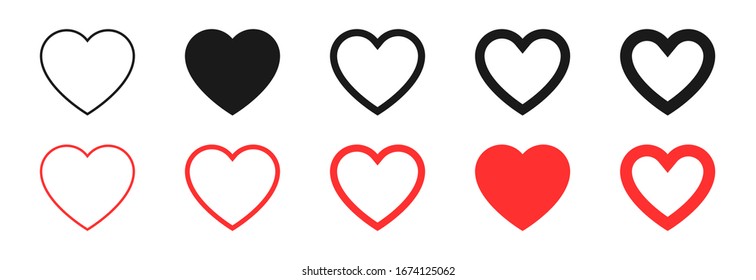 Hörensammlung. Herzen in linearem und flachem Design, einzeln auf weißem Hintergrund. Donnerreif bis dick Linienherzen. Love Logo. Valentinstag Zeichen oder Symbole. Vektorillustration.
