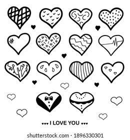 hearts collection, i love you, doodle vector. Illustration for backgrounds, wallpapers, covers, packaging, greeting cards, posters, stickers, textile, seasonal design. Isolated on white background.