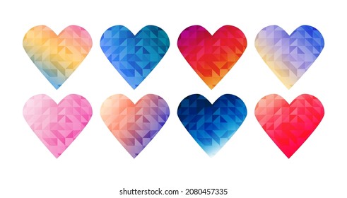 hearts collection low poly mosaic triangle style valentine's day elements.