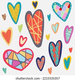 Hearts collection. Vibrant hand drawn vector hearts isolated on white. Valentine pattern. Fun doodle hearts for your design.