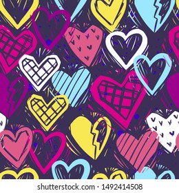 Hearts color creative hand drawn seamless pattern. Affection and dating pop art backdrop. Love and romantic feelings symbols doodles background. Valentines Day holiday wallpaper design