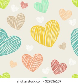 Hearts color hand-drawn vector seamless pattern. Vector background for design and decoration textile, covers, package, wrapping paper