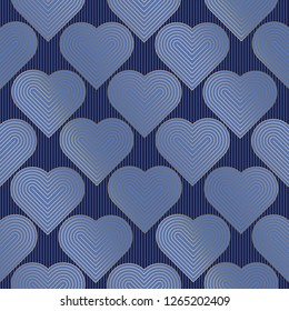 Hearts color seamless vector pattern. Blue backdrop with linear figures. Romantic gradient print. Love, romance and dating contour drawing background. Valentines day textile, wrapping paper, wallpaper