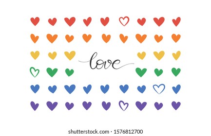 A lot of hearts colored with rainbow colors. Gay symbol made in vector. Love and marriage illustration concept on white isolated background